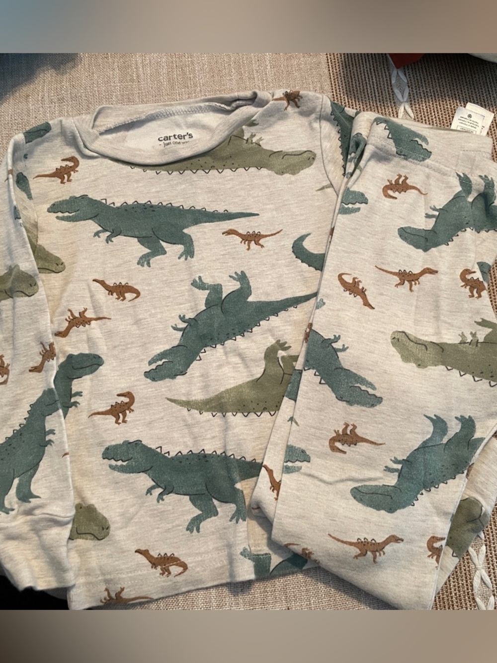 Carter's Light Gray Toddler Pajama Set with Green Dinosaur Print